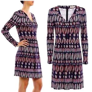 Tory Burch Women's Navy Floral V Neck Long Sleeve Zip Up Mini Sheath Dress